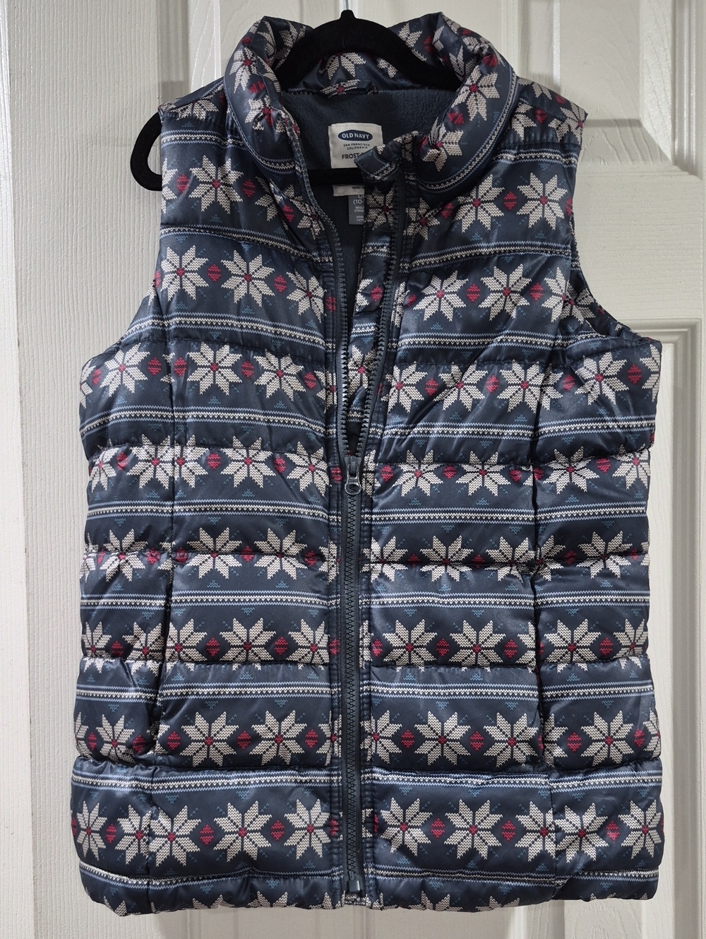 Old Navy Navy Quilted Vest with White Snowflake and Pink Accents